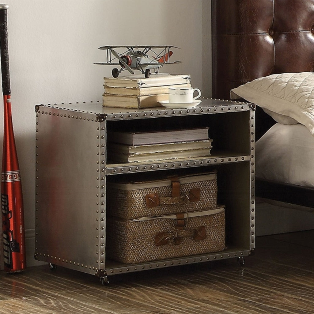 Brancaster Aviator Aluminum Nightstand with USB Charging Station – Industrial Luxury Bedside Table