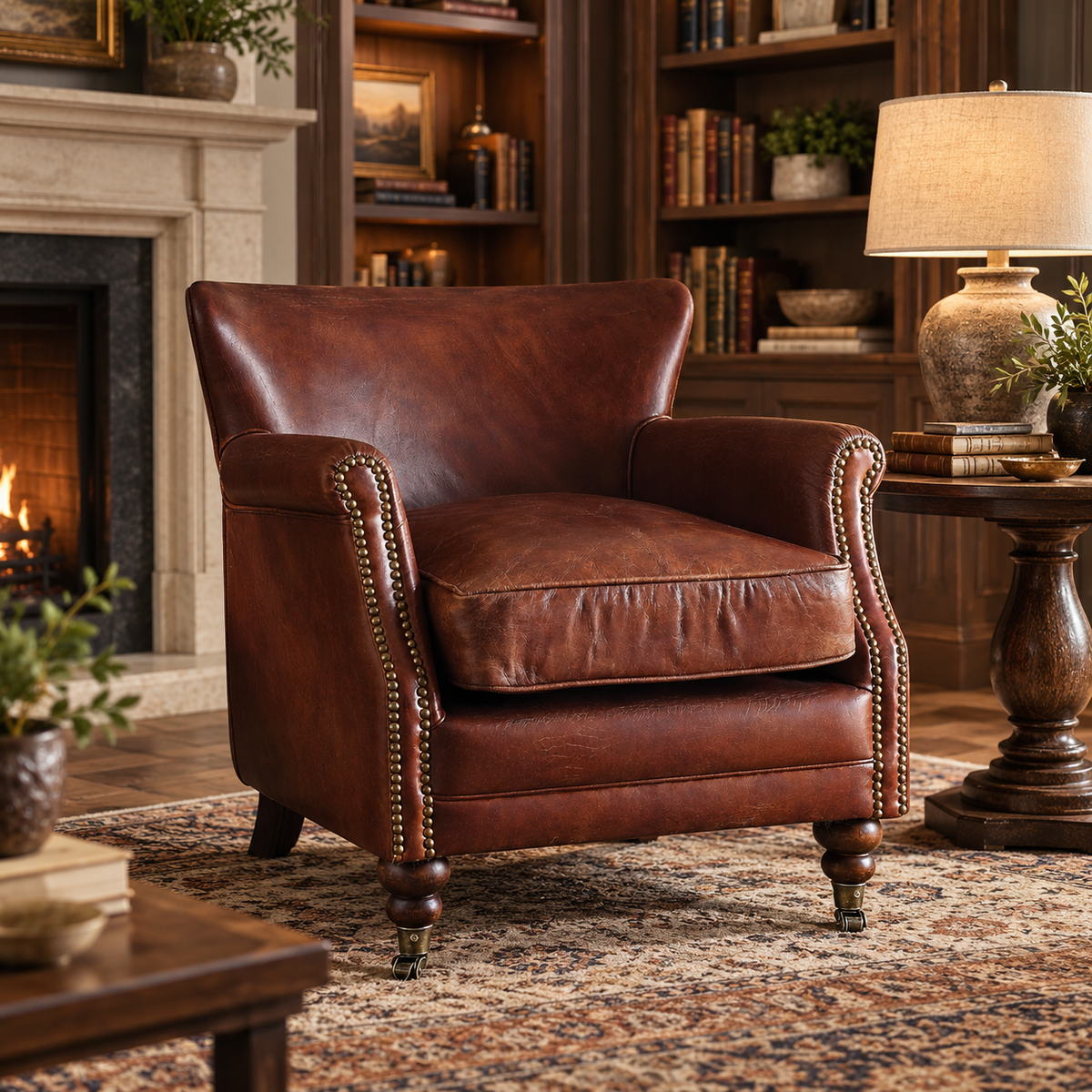 Harrington Vintage Dark Brown Top-Grain Leather Club Chair with Nailhead Trim