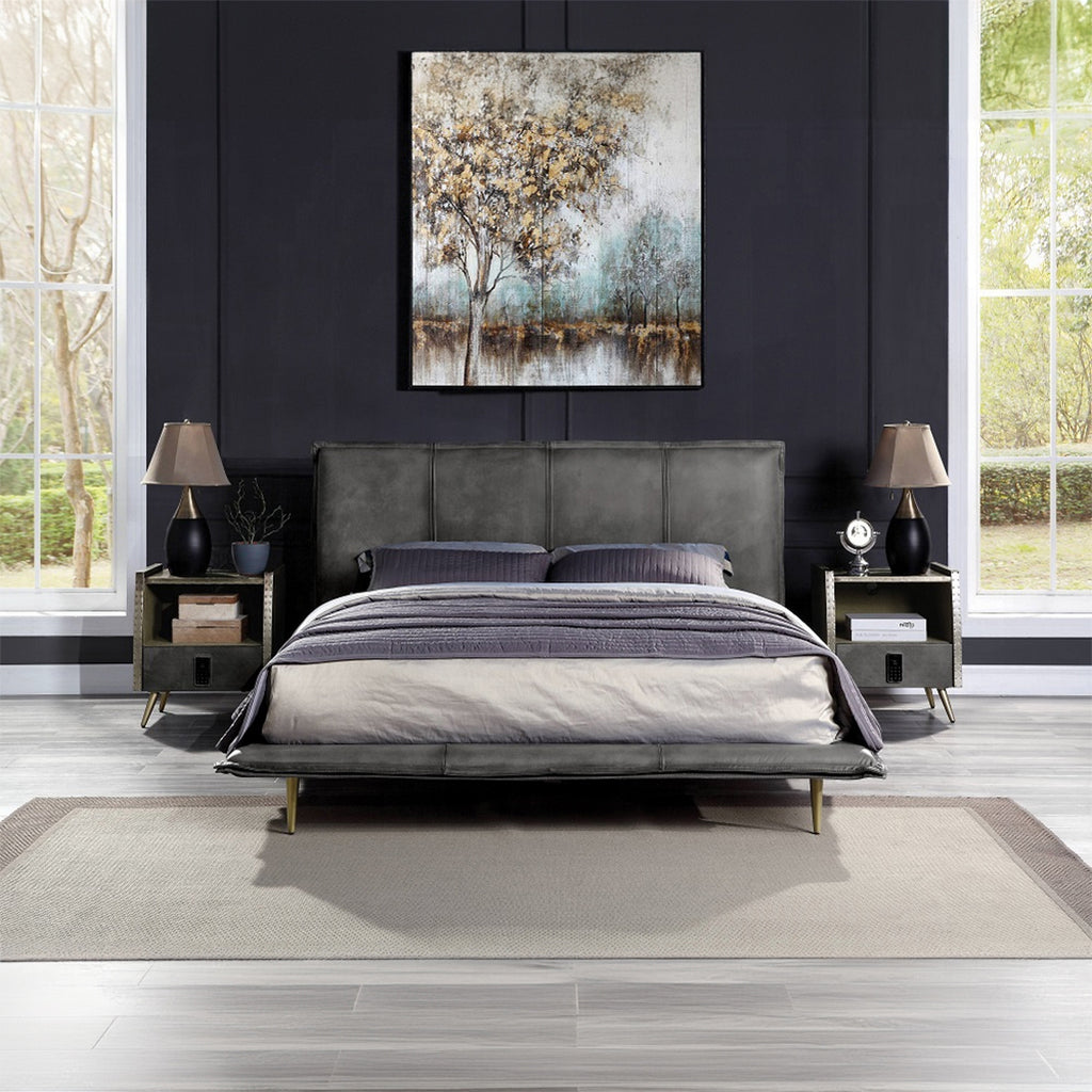 Rosalie Charcoal Gray Top-Grain Leather Platform Bed – Queen & King