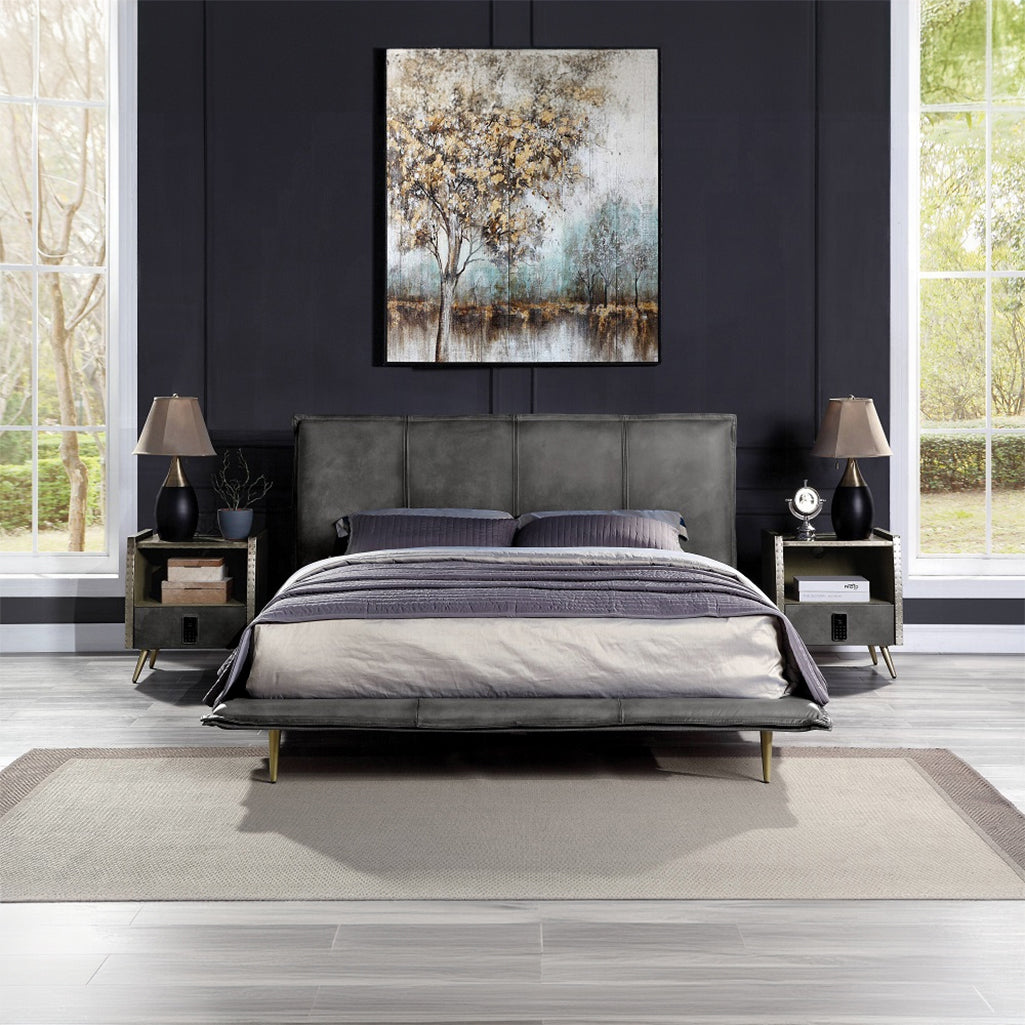 Rosalie Charcoal Gray Top-Grain Leather Platform Bed – Queen & King