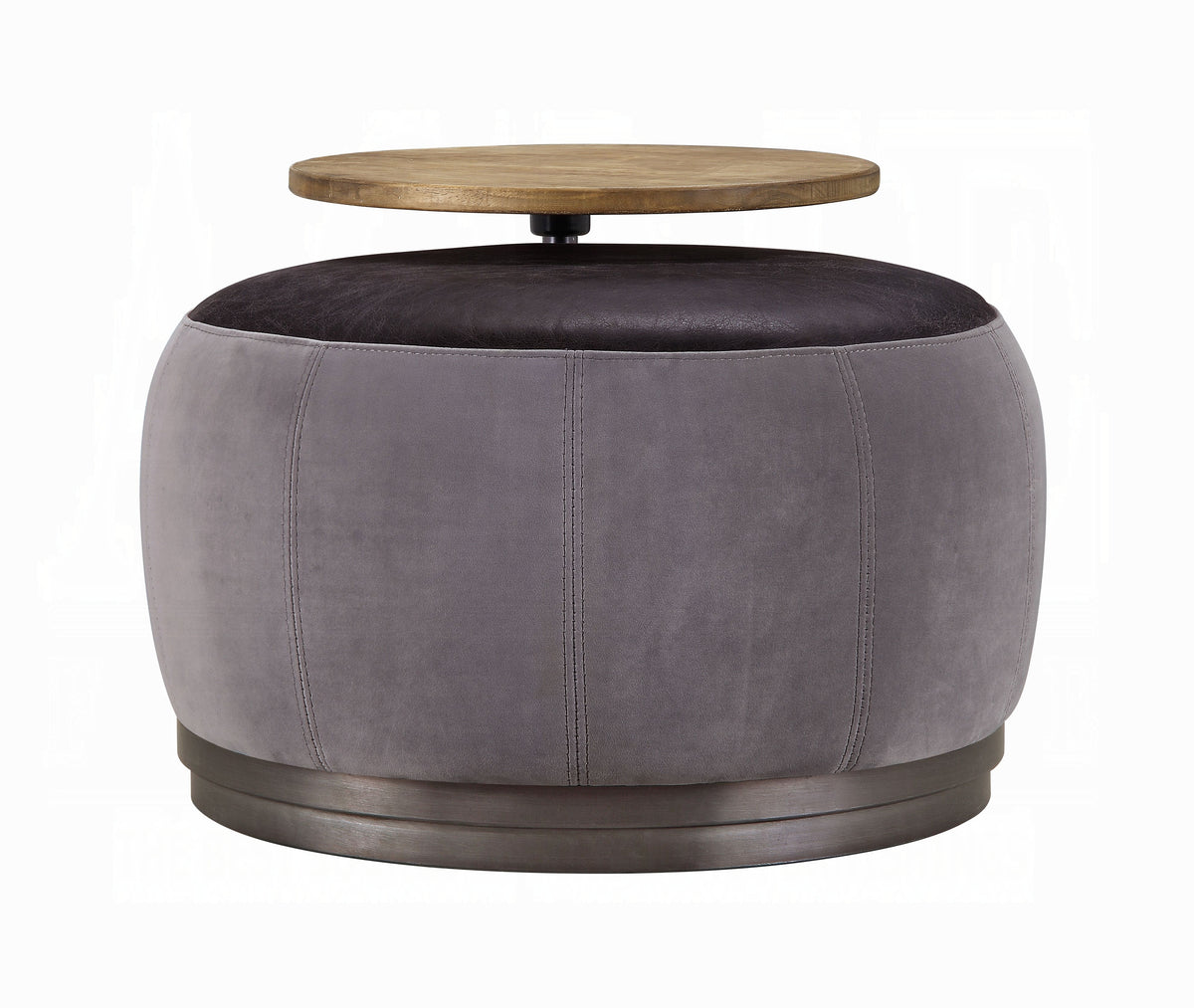 Decapree Luxury Leather & Velvet Ottoman with Built-In Side Table – Antique Slate & Gray