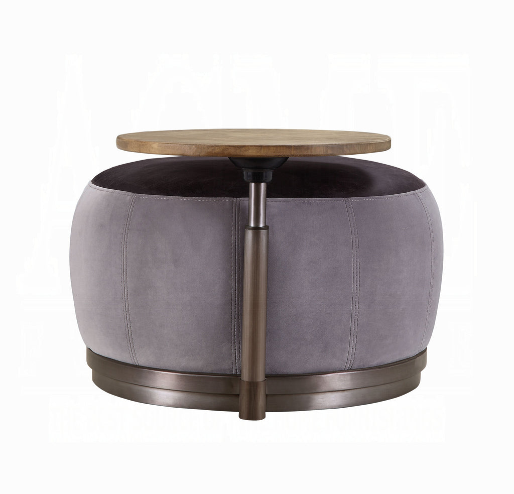 Decapree Luxury Leather & Velvet Ottoman with Built-In Side Table – Antique Slate & Gray