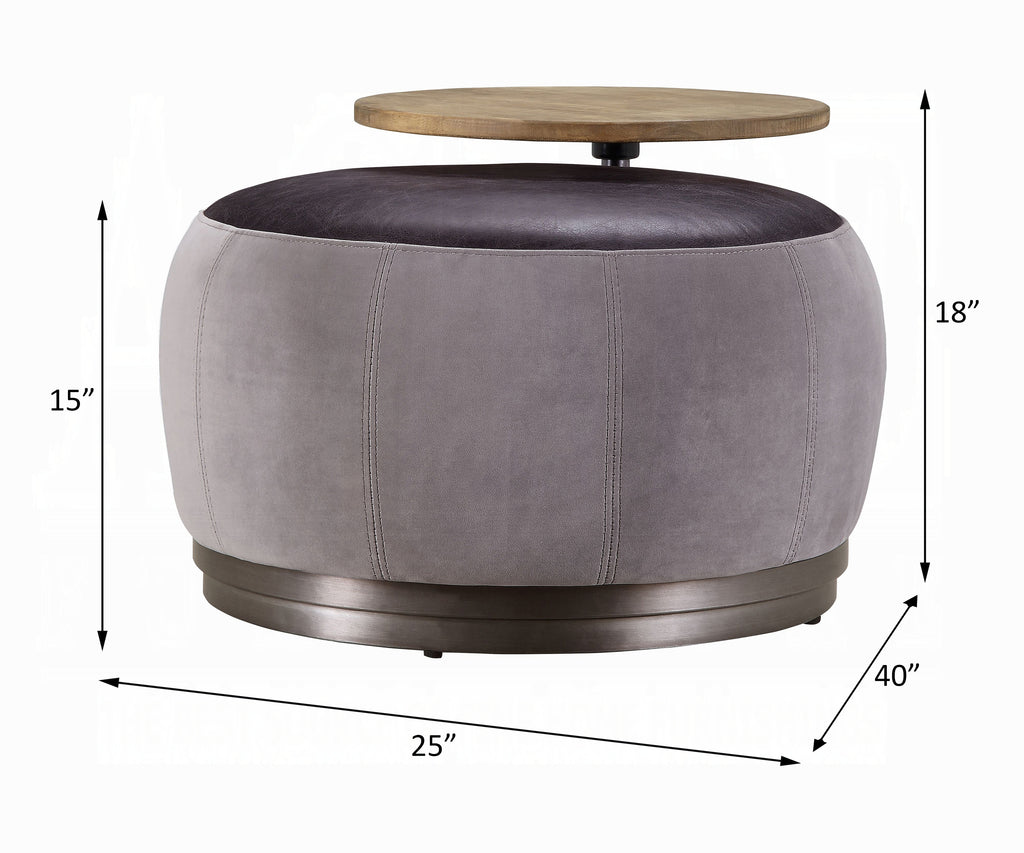 Decapree Luxury Leather & Velvet Ottoman with Built-In Side Table – Antique Slate & Gray