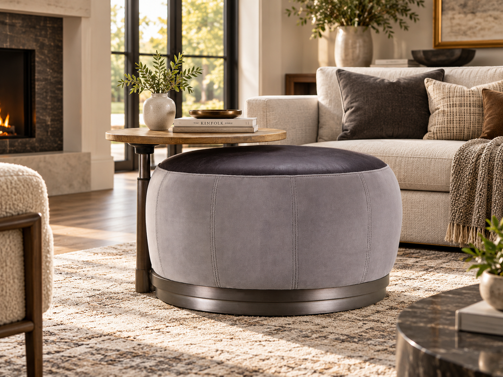 Decapree Luxury Leather & Velvet Ottoman with Built-In Side Table – Antique Slate & Gray