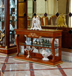 Imperial Elegance Walnut Console Table with Gold Accents & Display Shelves