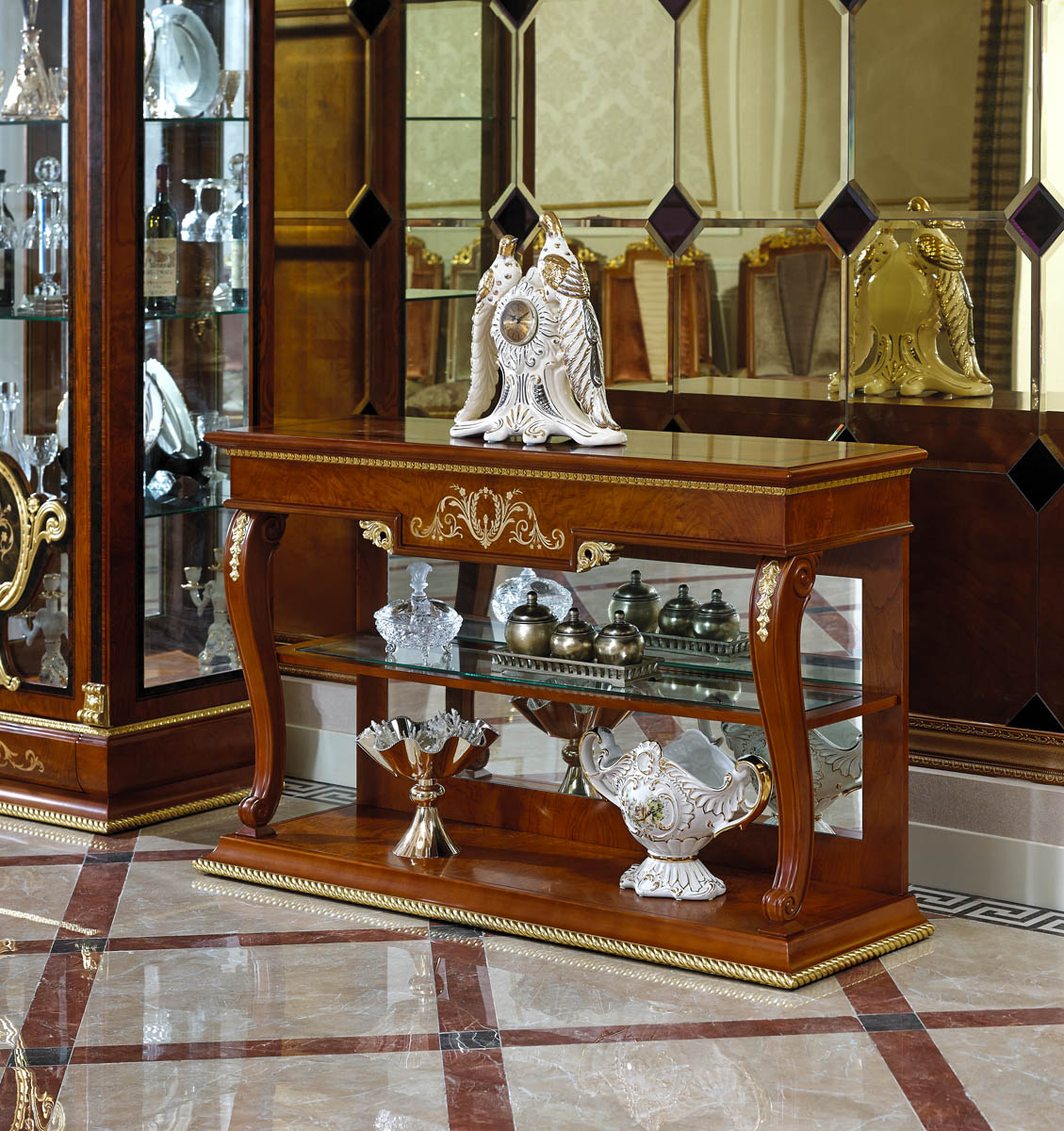 Imperial Elegance Walnut Console Table with Gold Accents & Display Shelves