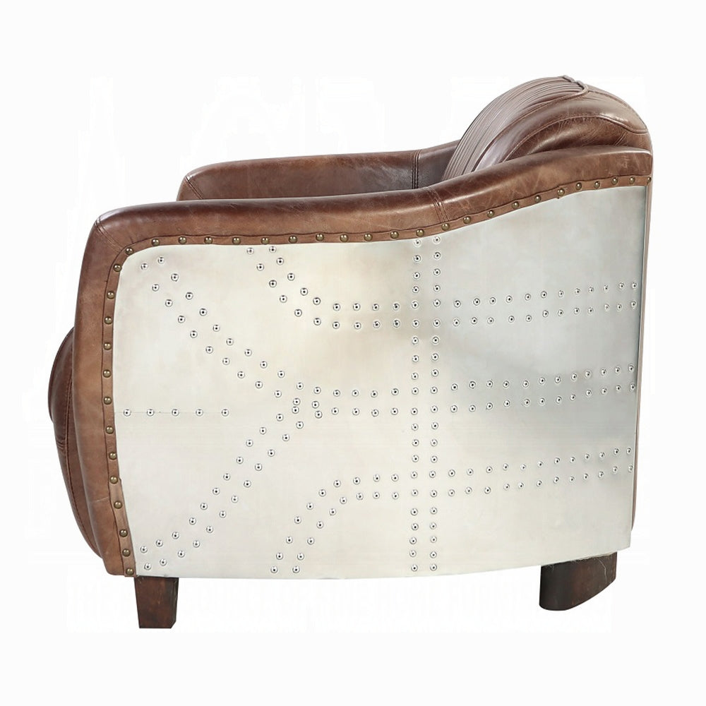 Vintage Aviator Brown Top-Grain Leather Loveseat with Riveted Aluminum Frame