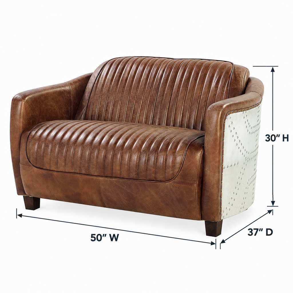 Vintage Aviator Brown Top-Grain Leather Loveseat with Riveted Aluminum Frame