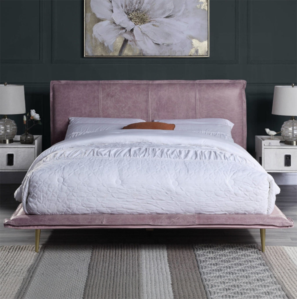 Rosalie Blush Pink Top-Grain Leather Platform Bed – Queen & King