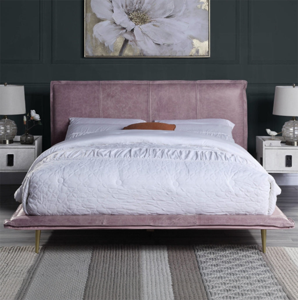 Rosalie Blush Pink Top-Grain Leather Platform Bed – Queen & King