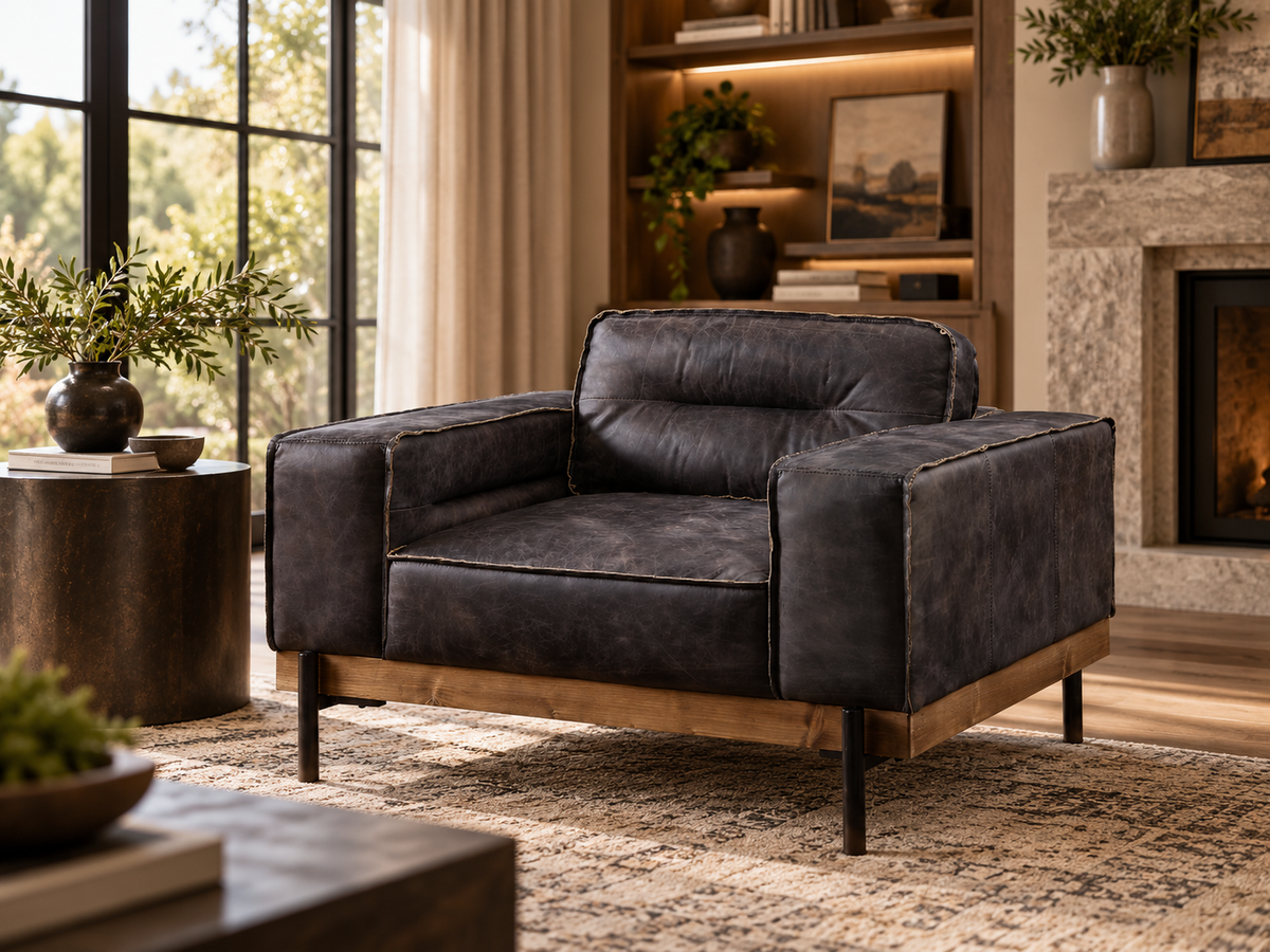 Alden Antique Ebony Top-Grain Leather Accent Chair – Modern Luxury with Wood & Metal Accents