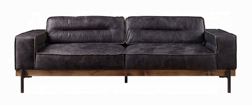 Alden 96″ Vintage Antique Ebony Top-Grain Leather Sofa – Modern Luxury with Wood & Metal Accents
