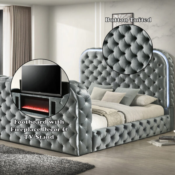 Modern Glam Bed with Built-in Fireplace & TV Lift