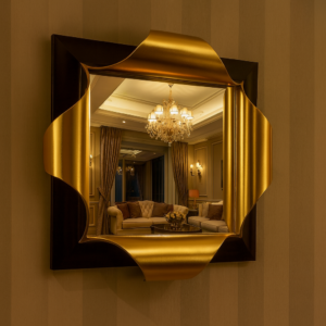 Luxury Square Wall Mirror With Gold Ribbon Accents